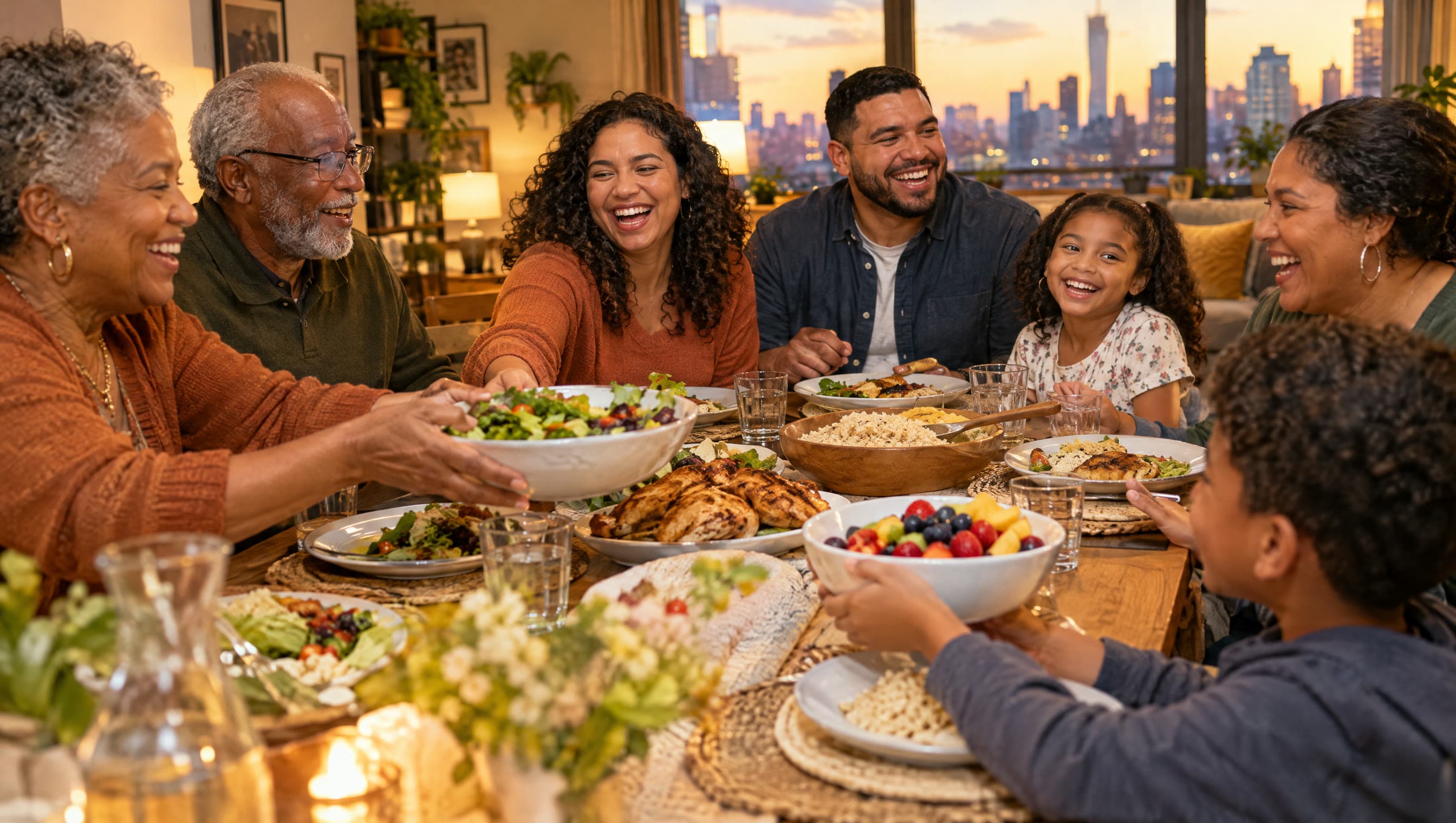 Familia de varias generaciones riendo juntos durante una comida saludable