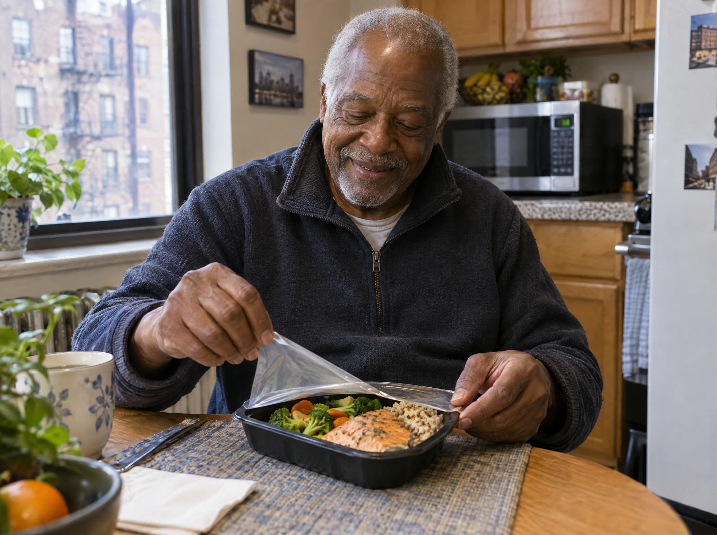 Abuelo sonriente abriendo una comida fresca lista para calentar en la mesa de su cocina