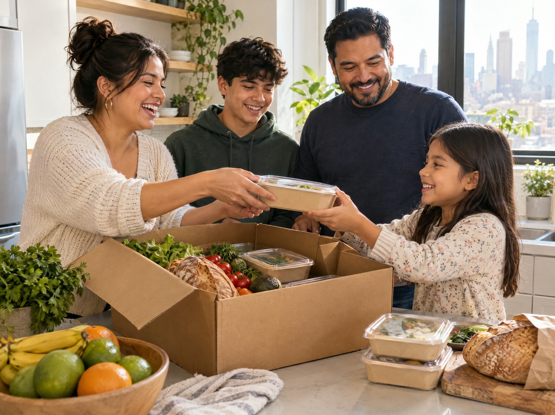 Familia latina sonriente desempacando una caja de comida fresca en su cocina