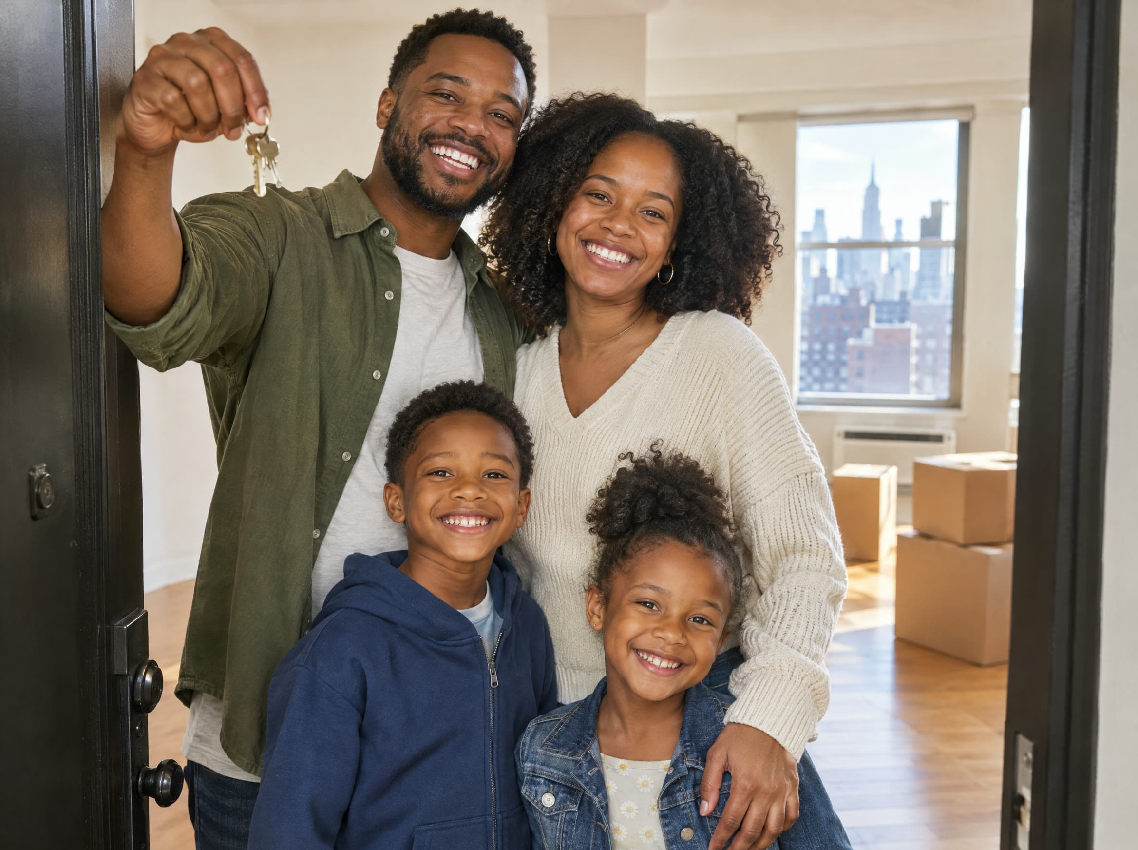 Familia feliz mostrando las llaves de su nuevo apartamento